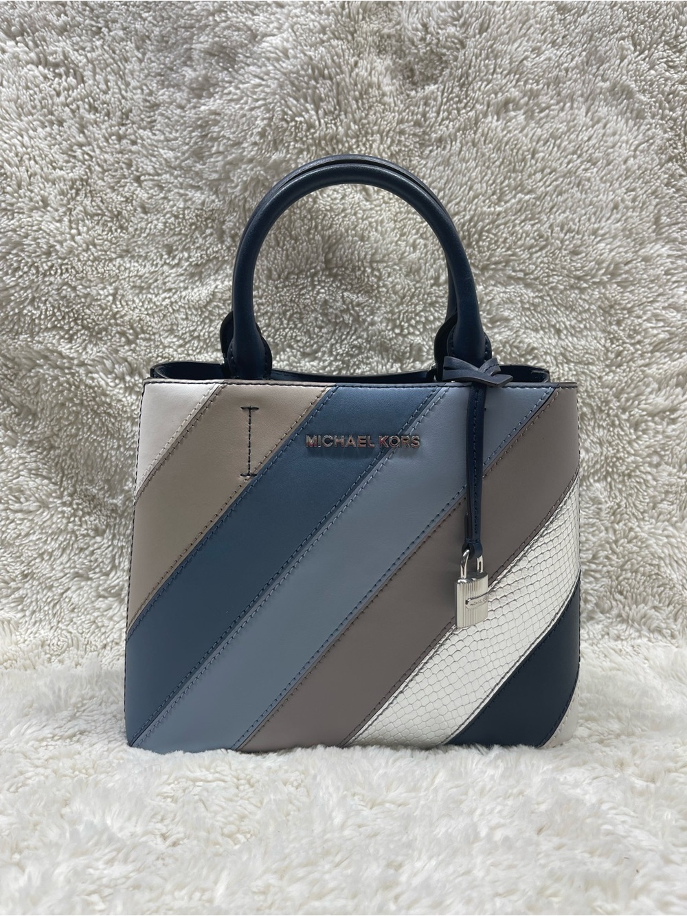 Michael Kors Blue and Neutral Diagonal Colorblock Satchel